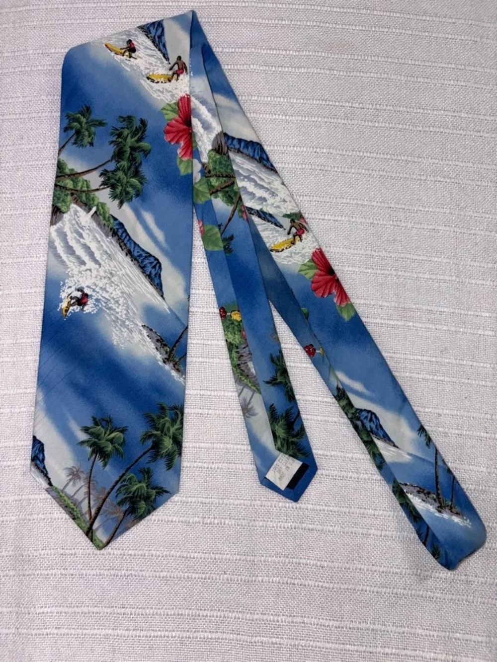 Pacific Legend Hawaiian Necktie Blue Surfing Palm Trees Cotton OS EUC